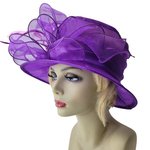 Purple Dress Hat Crushable Packable Deep Purple Satin Band and Pink Feathers - Picture 3 of 15